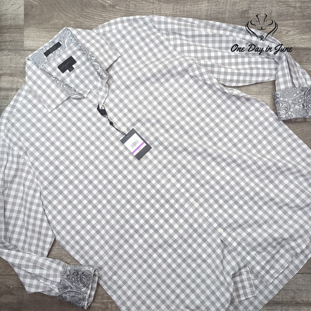 Haggar Plaid Button Down Shirt Gray Paisley Contrast Collar Cuffs NWT Size XXL